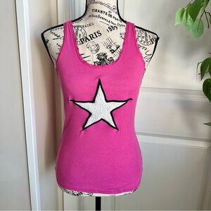 Y2K Star Ribbed Racerback Lounge Sleepwear Distressed Trim Tank Top Pink Sz S